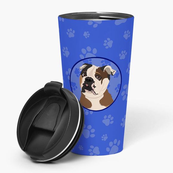 English Bulldog Chocolate Tan  Stainless Steel 16 oz  Tumbler, Blue - Picture 1 of 4